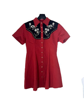 BoozeLele Western Embroidered Shirt Dress Sz L Red Black Goth Skull Rockabilly